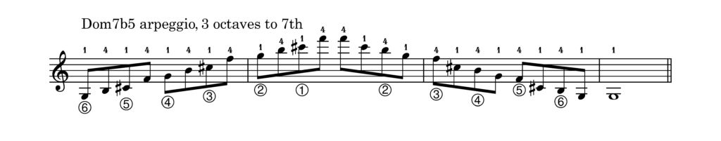 A dominant7b5 arpeggio, 3 octaves up to 7th and down again.